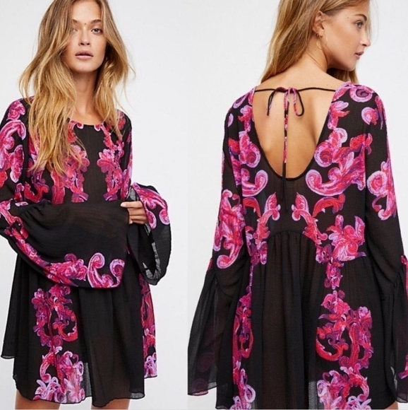 Free People Babydoll Oversized Bell Sleeved Bohemian Gypsy Tunic Sheer - Picture 2 of 6